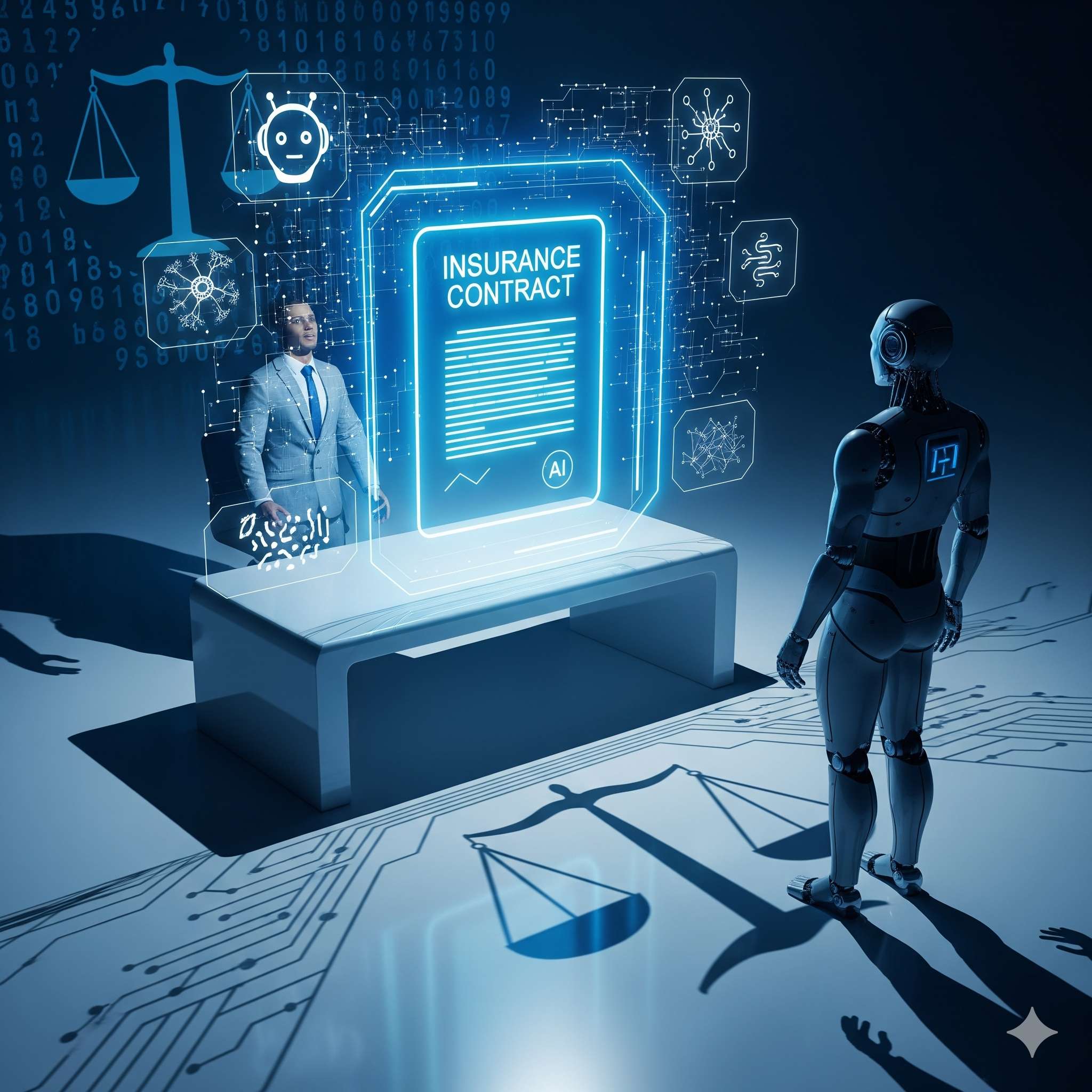 Futuristic AI insurance contract scene with holographic displays, representing the future of AI-powered contract drafting